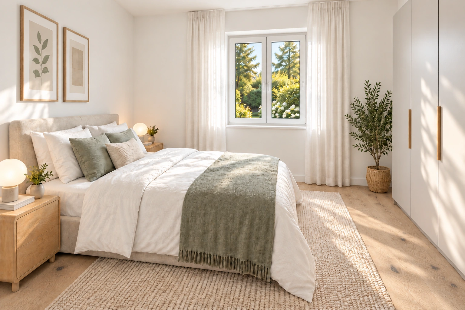 Helles Schlafzimmer mit Naturholzboden und weißem Fensterrahmen